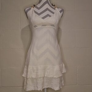 INCA'S INC Cotton Mini Dress Layered Ruffle Hem Crochet V-neck Wood Beads Size S